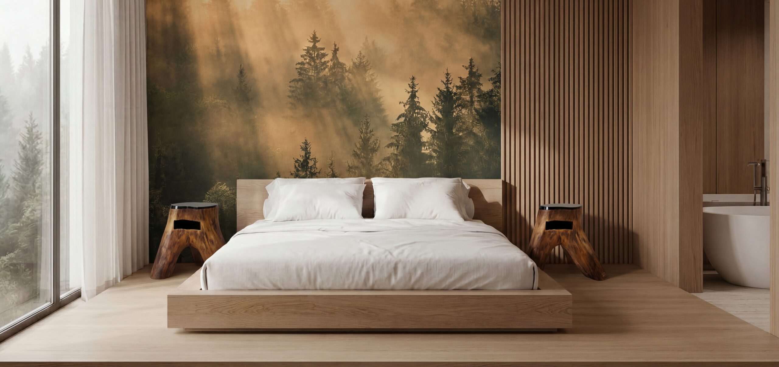 Stoliki nocne z drewna i żywicy epoksydowej przy łóżku w sypialni