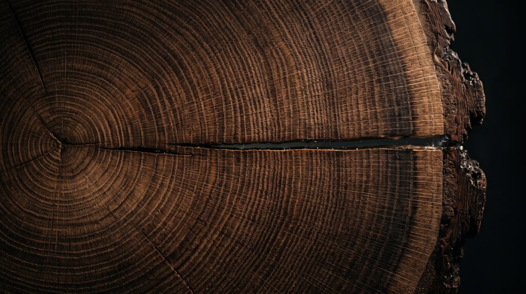 Makro litego drewna ze słojami i naturalną krawędzią, cienka linia żywicy w pęknięciu, blog Opari Design