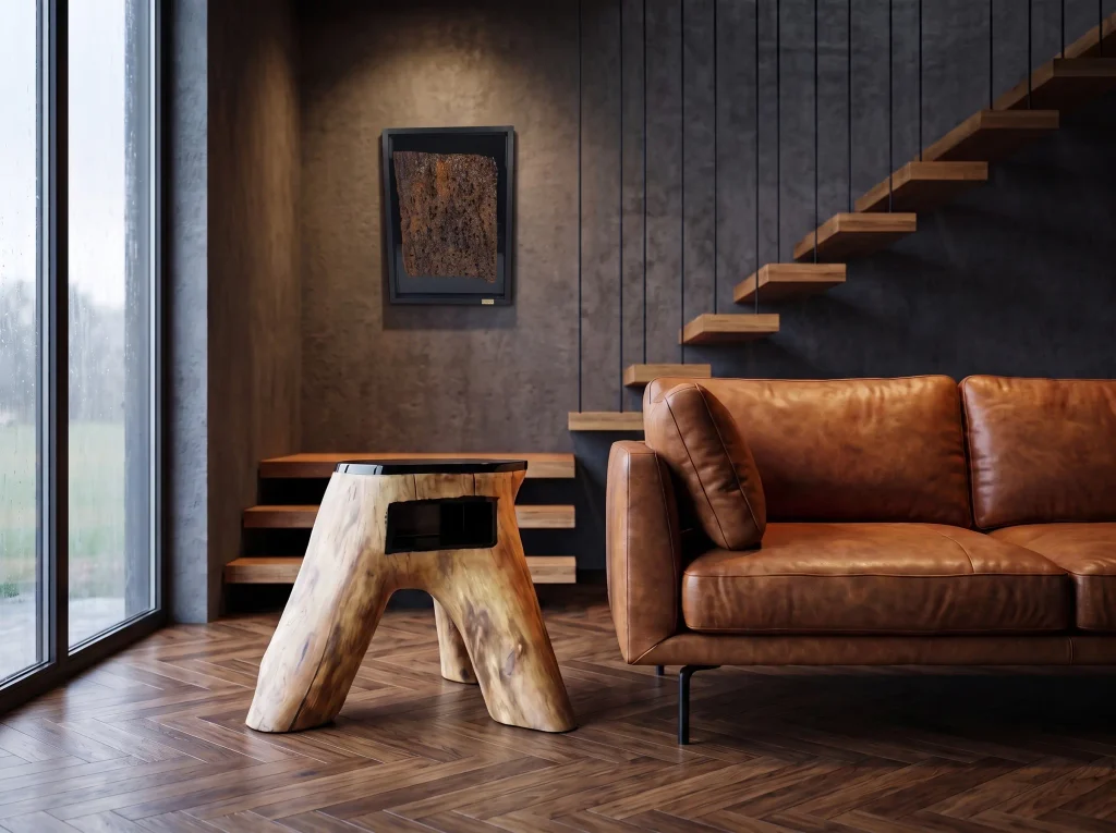 Obraz z żywicy Night Wood w świetle kierunkowego reflektora - relief z kory jesionu na ciemnej ścianie, Opari Design