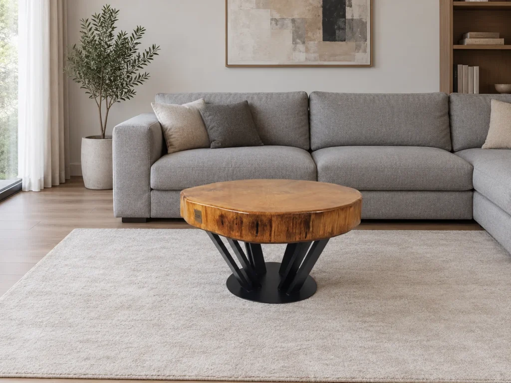 Ława Air z okrągłego plastra dębu z żywicą epoksydową przed sofą w salonie, Opari Design